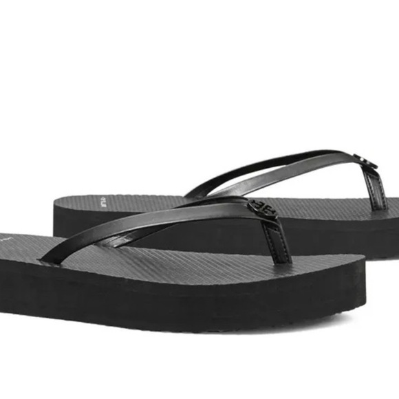 New Tory Burch Flatform Solid Black Flip Flop Sandals PU/EVA Sole Logo sz 8 - Picture 2 of 7